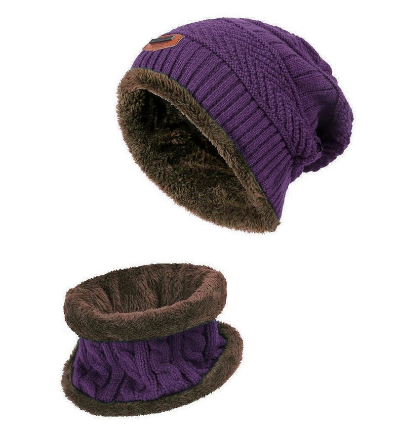 HINDAWI Winter Scarf Hat Womens Beanie Slouchy Knit Warm Snow Outdoor Skull Cap Purple - Image 2